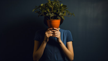 sarah, in a retro pop style, is seen wearing a long dark dress while concealing her face with a plant. the image showcases a combination of dark orange and light indigo colors. inspired by artists like bill gekas and jean fautrier, this photograph captures a post-punk diy aesthetic. it belongs to the genre of uniformly staged images and showcases the expertise of object portraiture. aiの素材