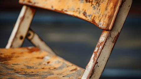 a chair seat in the outdoor garden with brown rotten paint, captured in the style of sony fe 24-70mm f28 gm lens. the photo showcases a close-up view of the chair seat, with a combination of light navy and amber tones. the image has a high intensity and is reminiscent of industrial urban scenes. the ship sails in the background add a detailed and texturedの素材