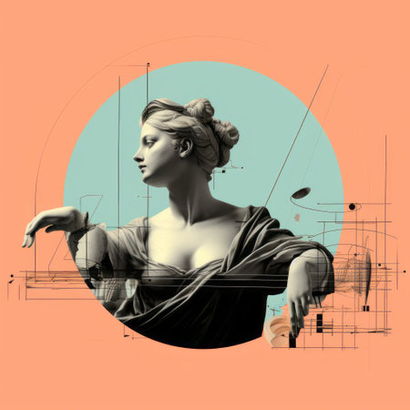 a figure in a pink background, reminiscent of renaissance perspective and anatomy, is depicted in this artwork by guillem h. pongiluppi. the composition features a blend of light orange and aquamarine hues, evoking a sense of classical antiquity. the piece showcases collage-like constructions and a touch of technological design, all while adhering to classical proportions. ai generatedの素材