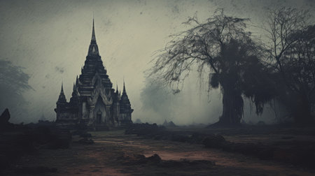 an ancient temple emerges from the fog, surrounded by a dense forest. this captivating photo showcases the dark realism and gothic references found in thai art. the decaying landscape adds a sense of mystery and history to the scene. with high contrast shots reminiscent of peter basch's work, this image captures the essence of historical imagery. ai generatedの素材