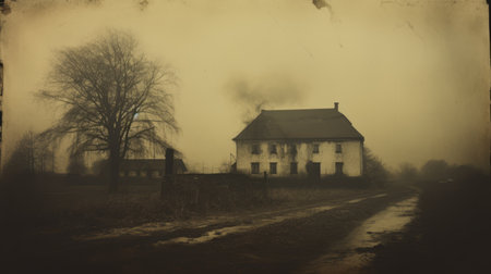 an atmospheric photograph showcasing an old, crumbling house surrounded by dirt roads, under a cloudy sky. this pictorialist-style image captures the essence of the american barbizon school, with its misty, dark brown and yellow tones. the matte finish adds to the vintage charm, while the smokey background enhances the overall ambiance. shot with a zeiss ikon zm camera. ai generatedの素材