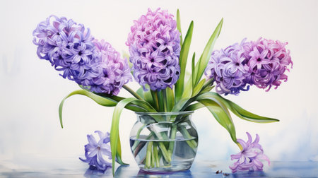 water in a vase, depicted in the style of realistic watercolor paintings, showcases a beautiful blend of light purple and light azure hues. this hyperrealistic portrayal captures the essence of wildlife through detailed and lifelike portraits. inspired by the works of hyacinthe rigaud, this close-up image is a joyful celebration of nature. the composition features dramatic lighting, adding depth and realism to this stunning stillの素材