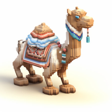 a pixelated camel stands on a white background, showcasing elaborate beadwork and bright color blocks. rendered in the style of daz3d and unreal engine, this artwork features polychrome terracotta and woven color planes. packed with hidden details, this vibrant image captures the eye with its unique design. ai generatedの素材