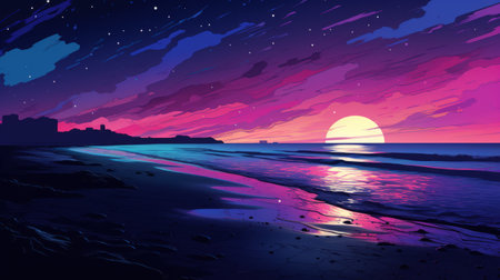 a stunning ocean scene featuring a vibrant sunset in shades of purple, blue, and pink. this artwork captures the essence of crisp neo-pop illustrations, romantic moonlit seascapes, and the naturalistic landscape backgrounds found in the works of dan mumford. the superflat style adds a lively touch to the coastal landscape, creating a highly detailed and captivating image. ai generatedの素材