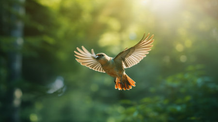 a bird gracefully soars through a sun-drenched forest, surrounded by towering trees. the soft-focus portrait captures the beauty of nature, with a blend of light silver and orange hues. chen zhen's artistic style showcases a realistic depiction of light and color, highlighted by shades of aquamarine and brown. this high-quality photo by wlad safronow immerses viewers in the serene ambiance of the forest. ai generatedの素材