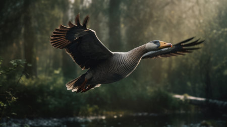 a goose gracefully glides through the air above a serene body of water, surrounded by a light forest. this captivating photo, created using vray tracing and photo-realistic techniques, showcases the characterful portrait of the animal. the dark and foreboding colors add a sense of mystery and depth to the image, reminiscent of the dusseldorf school of photography. unreal engine 5 brings a free-associative element toの素材