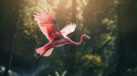 a pink flamingo gracefully soars through a lush forest, showcasing the mesmerizing beauty of vray tracing and backlit photography. this digital artwork combines hyper-realistic bird studies with artistic techniques, resulting in a captivating image. winner of a prestigious contest, the flamingo's light crimson and red hues add a touch of elegance to the scene, reminiscent of the angura kei style. ai generatedの素材