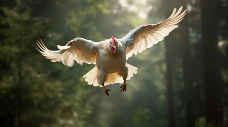 a chicken gracefully soars through a sunlit forest, reminiscent of the artistic style of dimitry roulland. the image captures a blend of dark white and light magenta hues, reminiscent of patricia piccinini's work. this uhd image showcases expressive characters against a backdrop reminiscent of the ming dynasty. the sheer beauty of this scene is truly breathtaking. ai generatedの素材