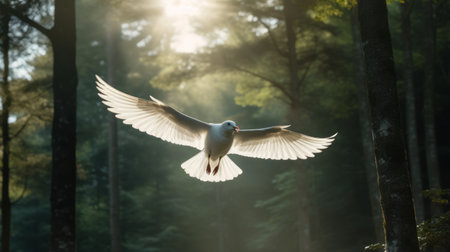 a white seagull gracefully soars through a sunlit forest, creating an evocative environmental portrait. this captivating image, reminiscent of the styles of nell dorr and dimitry roulland, showcases vray tracing and colorization techniques. the gentle lyricism and intentional primitivism add depth and intrigue to this stunning photograph. ai generatedの素材