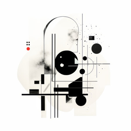 abstract illustration featuring a composition of light and dark lines, reminiscent of suprematist geometric shapes. inspired by the intricate black and white illustrations of wassily kandinsky and yanjun cheng, this artwork captures a pensive stillness. the piece incorporates elements of drips and splatters, reminiscent of bauhaus functional design. ai generatedの素材