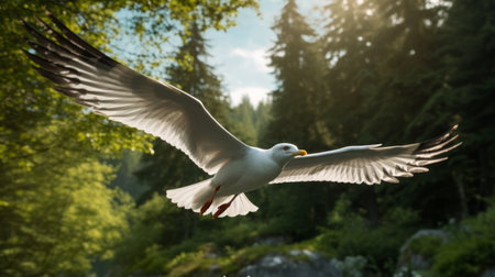 a seagull gracefully soars above the forest during a breathtaking sunrise. this stunning photograph, captured by alexander bogen, showcases the beauty of nature in the style of swiss realism. the use of provia film enhances the naturalistic poses of the seagull, while the photo-realistic techniques and traditional elements create a captivating scene reminiscent of wimmelbilder art. ai generatedの素材