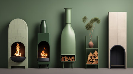 a photo showcasing a collection of four candles, a log, and a pot in front of a wood and ash fireplace. the design style is inspired by danish aesthetics, featuring a combination of dark green and light green colors. the image is a photorealistic rendering with monochromatic shadows, highlighting the vibrant color choices and colorful installations. ai generatedの素材