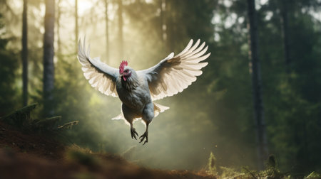a chicken gracefully soars through a serene forest during the enchanting hours of sunrise. this naturalistic portrait captures the essence of the moment, with vray rendering enhancing the dark cyan and gray tones. softbox lighting adds depth and realism to the scene, while the realistic depictions showcase the lifelike accuracy. this captivating image embodies the essence of caninecore, blending nature and realism seamlessly. ai generatedの素材