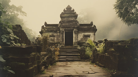 the stairs leading to an old temple in this forest exude a hazy atmosphere, reminiscent of indonesian art. the stone steps showcase neoclassical symmetry, while the dark and foreboding landscape adds an intriguing touch. this scene evokes the works of berndnaut smilde and the grandeur of the shang dynasty. ai generatedの素材