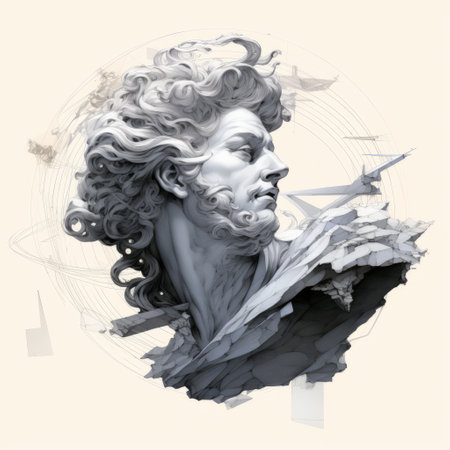 an ethereal sculpture-style illustration of a detailed atmospheric portrait on a white background. the artwork showcases precise nautical details and incorporates split toning techniques. the illustration is reminiscent of caravaggio's style and features graphic elements, similar to those found in sketchfab's graphic illustrations. ai generatedの素材