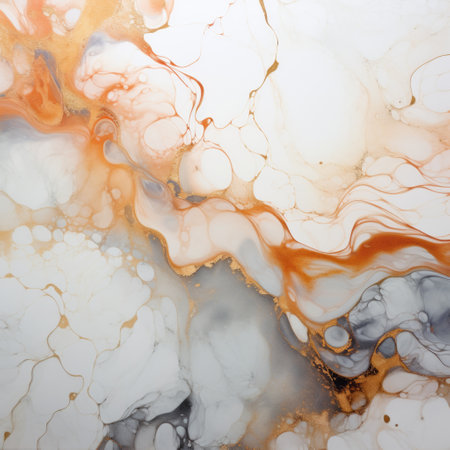 the orange marble in this photo showcases an ethereal mixed media style, reminiscent of rococo-inspired art. the dark white and light amber hues create a captivating color-field effect, enhanced by the paint dripping technique. the smokey background adds depth, while the light gold and gray tones add a touch of elegance. ai generatedの素材