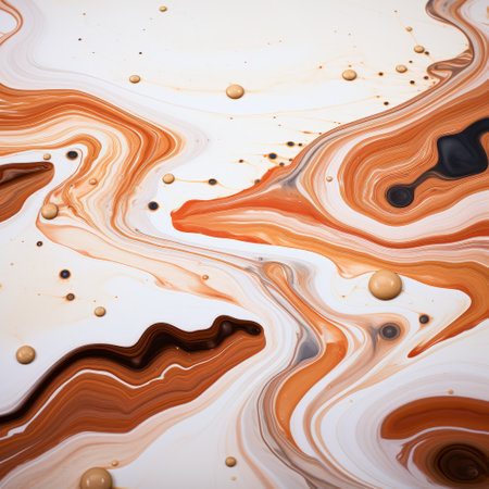 the photo showcases a mesmerizing blend of orange and brown liquids in the background, resembling ultra-detailed, light white and bronze alien worlds. created using digital art techniques and aerial photography, this captivating image captures the essence of fluidity and is rendered in cinema4d. ai generatedの素材