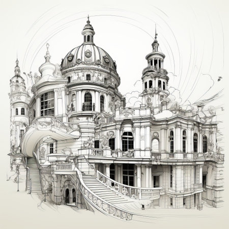 an old building with ornate baroque-style towers and stairs is depicted in this drawing. the composition is dramatic, with flowing lines reminiscent of art nouveau. the wide-angle lens captures the grandeur of the structure, while delicate ink lines add a touch of intricacy. the use of marble and hyper-detailed elements creates a unique blend of metropolis and nature. ai generatedの素材