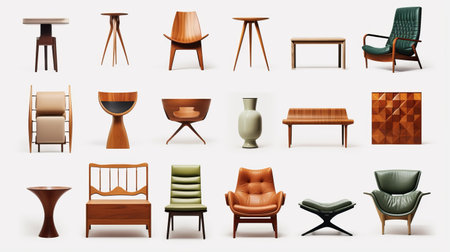 a collection of chairs featuring various designs and intricate details is showcased in this photo. the chairs are depicted in a realistic rendering of the human form, reminiscent of mid-century illustrations. soft edges and blurred details add to the artistic appeal. the chairs exhibit different wood grains and luxurious textures, creating a visually captivating display. this photo can be found on sketchfab and draws inspirationの素材