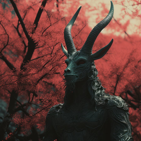 a witching scene featuring a black goat satan baphomet is captured in this 32k uhd photograph. the pastel color scheme with dominant dark, red, and ivory tones adds to its demonic and 1970s horror aesthetic. the intricate world design and blink-and-you-miss-it details create a macabre and bizarrecore atmosphere. this occult-themed image embodies the powerful and eerie essence of witchcore and satanic aesthetics. ai generatedの素材
