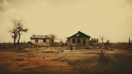 deserted house destroyed in the style of art of the ivory coast. this dramatic photograph captures the atmospheric perspective of rural life scenes. the dark beige and orange tones add to the intensity of the image. taken by dan matutina, this panorama showcases the impact of war through powerful war photography. ai generatedの素材