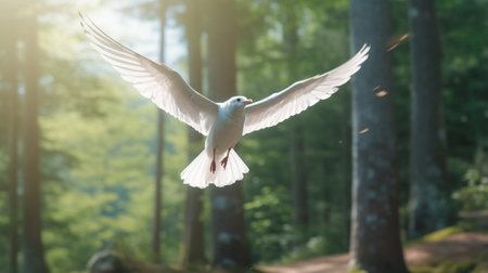 a white phoenix bird gracefully soars through a sunlit woodland, its wings proudly erect. this captivating image, captured in the style of tilt-shift photography, showcases the bird's vibrant colors against the atmospheric backdrop. the photograph, taken with a rollei prego 90, has won a contest for its emotional and religious symbolism. ai generatedの素材