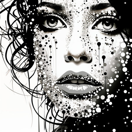 a black and white portrait of a woman with dots on her face, showcasing an aggressive digital illustration style. the image features a paint dripping technique, intricate collage elements, and blink-and-you-miss-it details. this portrait is part of a series that focuses on celebrity portraits, characterized by fluid lines, curves, and highly detailed figures. ai generatedの素材