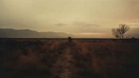 a person walks down a path in an otherworldly landscape, captured on kodak gold 200 film. this photograph embodies the unique blend of desertpunk, american tonalist, and wildlife photography. the serene pastoral scene is enhanced by the use of dark, muted colors, creating a captivating and atmospheric image. ai generatedの素材
