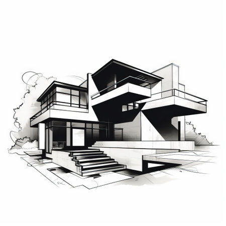 architectural drawing of an elegant modern house in a high-contrast realism style. this royalty-free illustration showcases the house's balanced asymmetry, resembling a futurist sculpture. created using ink and wash technique, the detailed artwork captures the essence of contemporary architecture. ai generatedの素材