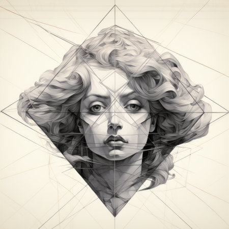 a woman creating a hyper-detailed portrait with luxurious geometric elements. her style is reminiscent of botticelli, with layered translucency and dynamic symmetry. the artwork exudes gritty elegance, showcasing expressive faces and intricate details. ai generatedの素材