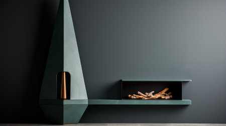 the firsdcourage electric fireplace is showcased in this captivating photo, featuring a beige and grey geometric sculpture by andres vanberget. inspired by the dark green and light bronze style of david chipperfield, the image exudes a still life focus reminiscent of nora heysen's work. with a dark palette and chiaroscuro effect, the raw metallicity adds a touch of david brayne's artistic flair. ai generatedの素材