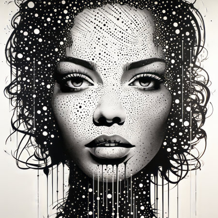 a photo showcasing a mesmerizing artwork of dripping liquid on black and white paper. this graffiti-inspired portraiture combines pointillist dots and specks, creating a high detailed and freehand painting. the afrofuturism elements add a unique touch, while the blink-and-you-miss-it detail and hyperspace noir atmosphere make it truly captivating. ai generatedの素材