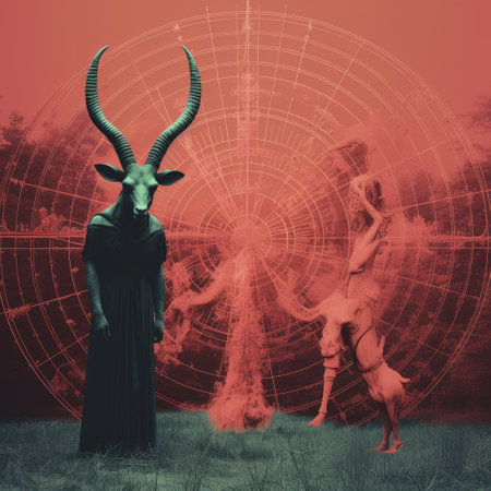a photo of a witch-hunt scene featuring a black goat satan baphomet. the image showcases a pastel color scheme with dominant dark, red, and ivory tones, creating a demonic and 1970s horror aesthetic. shot in 32k uhd using fujifilm velvia 100, the photo captures a weird and bizarrecore atmosphere, with intricate world design and macabre elements. it is a blink-and-you-miss-it-detail that embodies the occult, paganism,の素材