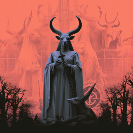 a photo of a witch-hunt scene featuring a black goat, symbolizing satan and baphomet. the image showcases a pastel color scheme with dominant dark, red, and ivory tones, creating a demonic and eerie atmosphere reminiscent of 1970s horror aesthetics. shot in 32k uhd using fujifilm velvia 100, the photo captures a weird and bizarrecore aesthetic, with intricate world design and macabre elements. it is aの素材