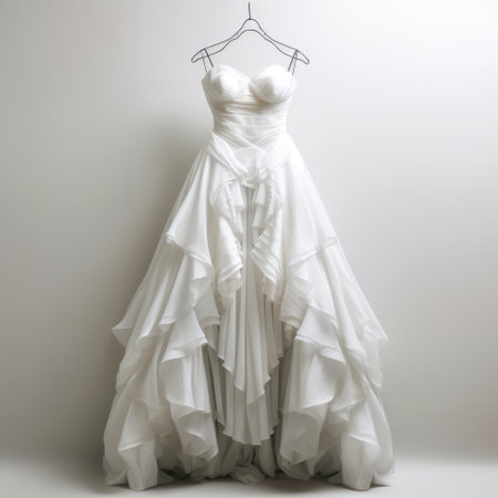 a wedding dress hanging on a hanger, showcasing art nouveau-inspired organic flowing lines. this high-quality stock photo captures the symmetrical asymmetry of the dress, with realistic yet romantic details. the jagged edges add a touch of uniqueness to this associated press photo, perfect for any wedding-related content. ai generatedの素材
