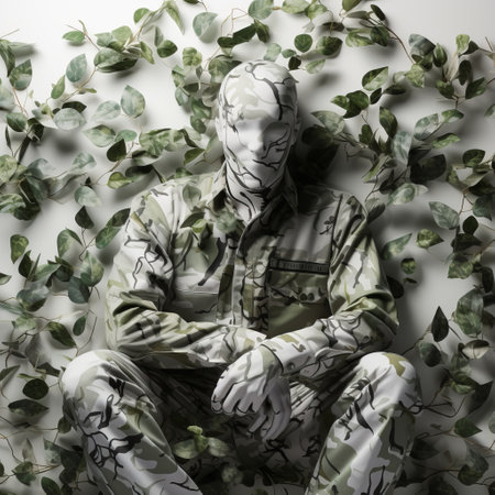 a man wearing a camouflage outfit blends seamlessly into the ethereal foliage backdrop, with a mushroom head adding a whimsical touch. this monochromatic minimalist portrait captures the essence of textile installation and features botticelli-esque figures. the high contrast shot highlights the intricate foliage surrounding the subject, while their pensive pose adds depth to the composition. ai generatedの素材