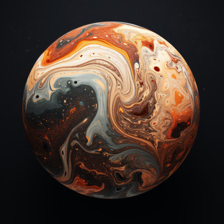 the photo showcases a 3d representation of the planet jupiter, presented in a vibrant and abstract style. the composition features a captivating mix of dark white and orange hues, with fluid washes of color creating a mesmerizing effect. the image also includes swirling vortexes and mystic mechanisms, set against minimalist backgrounds of dark gray and dark amber. ai generatedの素材