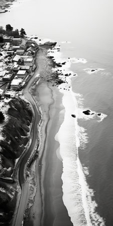 aerial view of albuquerque, norfolk, california showcasing the stunning contrast between land and water. this black and white photograph captures the essence of the sea and coast, with detailed and layered compositions. the documentary-style photography highlights the beauty of seaside scenes, while incorporating elements of fashwave. ai generatedの素材