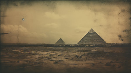 cairo, egypt pyramids captured by brian van beuningen in the style of wet plate ambrotype. this atmospheric landscape painting showcases a blend of dark beige and dark azure tones, creating a soft focus romanticism. the textured, organic landscapes evoke a sense of timeless beauty. this photoillustration, reminiscent of an associated press photo, captures the essence of cairo's iconic pyramids. ai generatedの素材