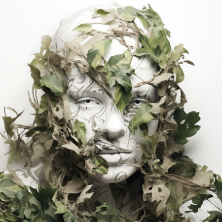 a sculpture featuring fragmented portraiture and bio-art, adorned with leaves on top. this evocative environmental portrait showcases organic chaos and incorporates elements of ritualistic masks. the sculpture's nature-inspired camouflage adds to its poetic vision. ai generatedの素材