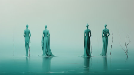 four women stand in a watery, foggy landscape surrounded by floating figures. the scene exudes a conceptual elegance, with its light turquoise hues and minimalistic metal sculptures. the composition showcases a neo-classical symmetry, reminiscent of zbrush art, while embracing a futuristic minimalism. the overall atmosphere is one of mysterious elegance. ai generatedの素材