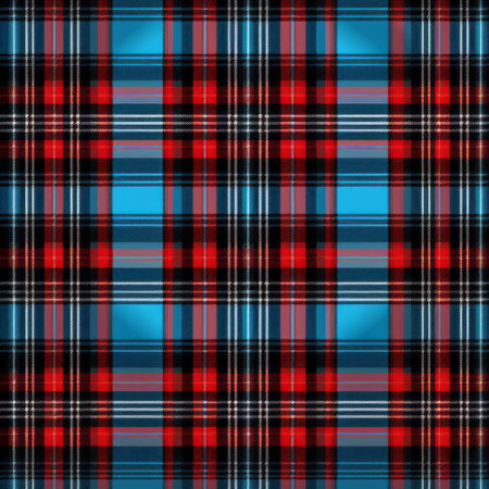 a vector illustration featuring a vibrant tartan background in red and blue colors. the design is inspired by the dark black and light aquamarine style, created by artists john mckinstry and bryce 3d. the artwork showcases multidimensional shading and draws influences from aurorapunk, kimoicore, and opulent fabrics. ai generatedの素材