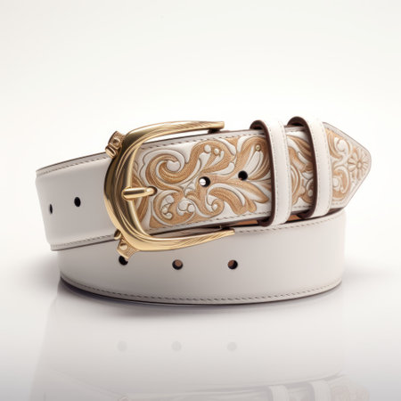 a white leather belt with intricate gold and silver embroidery, reminiscent of the fujifilm natura 1600 style. against a clean white background, the precise lines and contours of the design create a high-contrast shading effect. the embroidery showcases a precisionist style, evoking a troubadour and baroque aesthetic. ai generatedの素材