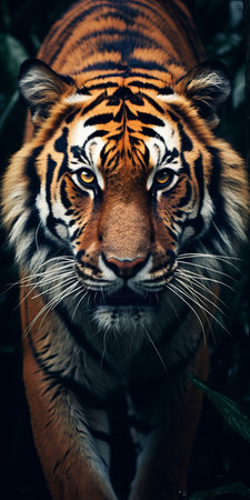 the tiger's face captivates with its bright, piercing eyes in this photographically detailed portrait. the dark purple and dark amber hues add depth and intensity to the image, creating an intense emotional atmosphere. this uhd image, with cross processing technique, combines realism with fantasy elements, reminiscent of national geographic's stunning photography. ai generatedの素材