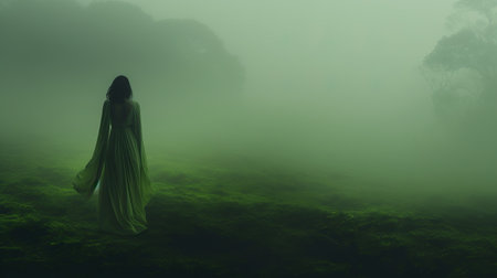 a woman walks through fog on an island in this painting by robert s. duncanson. the dreamy impressions are enhanced through the use of the tokina opera 50mm f14 ff lens, capturing the dark green and light green hues. this uhd image by john howe showcases the artist's skill in creating a captivating and atmospheric scene. ai generatedの素材