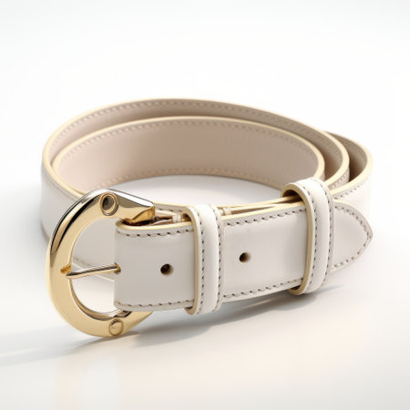 an elegant white belt with a brass buckle, designed in the style of vray tracing and daz3d. this creative commons attribution belt features a combination of light pink and light beige colors, highlighting its joints and connections. the belt also showcases a touch of light yellow and light indigo, giving it a shiny appearance. ai generatedの素材
