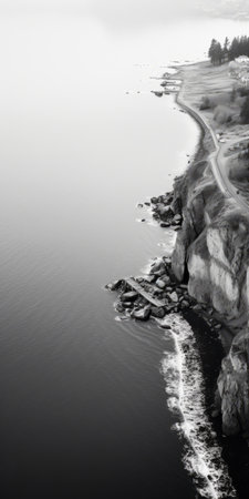 a breathtaking birds-eye-view of a cliff edge in california captured by robert tullin. this monochromatic uhd image, shot on 70mm, showcases a flattened perspective that adds an artistic reportage touch. reminiscent of the danish golden age, this photograph beautifully captures the grandeur and beauty of the california landscape. ai generatedの素材