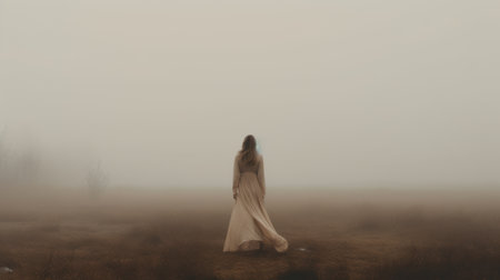 a woman stands alone in the fog, surrounded by a disturbingly whimsical atmosphere. the dark white and light amber tones create an ethereal horror vibe, reminiscent of southern gothic-inspired landscapes. this realistic and emotive portrait captures the woman's emotions in dynamic outdoor shots, showcasing the emotive fields of color. ai generatedの素材