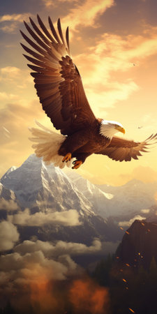 a bald eagle soars majestically above a distant mountaintop, captured in a hyper-detailed and realistic style. the image showcases lens flare and tilt-shift photography techniques, reminiscent of monumental murals. the dynamic and action-packed composition highlights the eagle's character, set against a photo-realistic landscape. ai generatedの素材