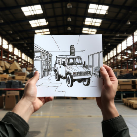 a person holds up a meticulously hand-colored drawing made of cardboard, depicting a man with a car. the industrial photography style and leica cl camera capture the perspective rendering of this high-quality photo, reminiscent of meticulous military scenes. ai generatedの素材
